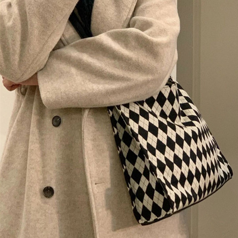 Menas Túi Xách canvas Sức Chứa Lớn Họa Tiết Hình Thoi Thời Trang Cho Nữ