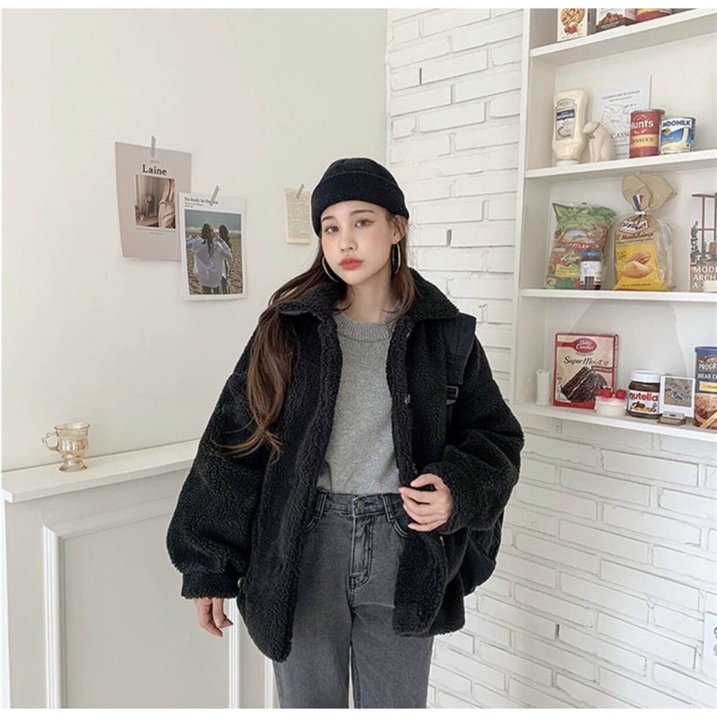 Áo khoác nam nữ form rộng unisex chất LÔNG CỪU CỔ BẺ trơn basic tay bồng, áo khoác ngoài nữ ulzzang Hàn Quốc freeship