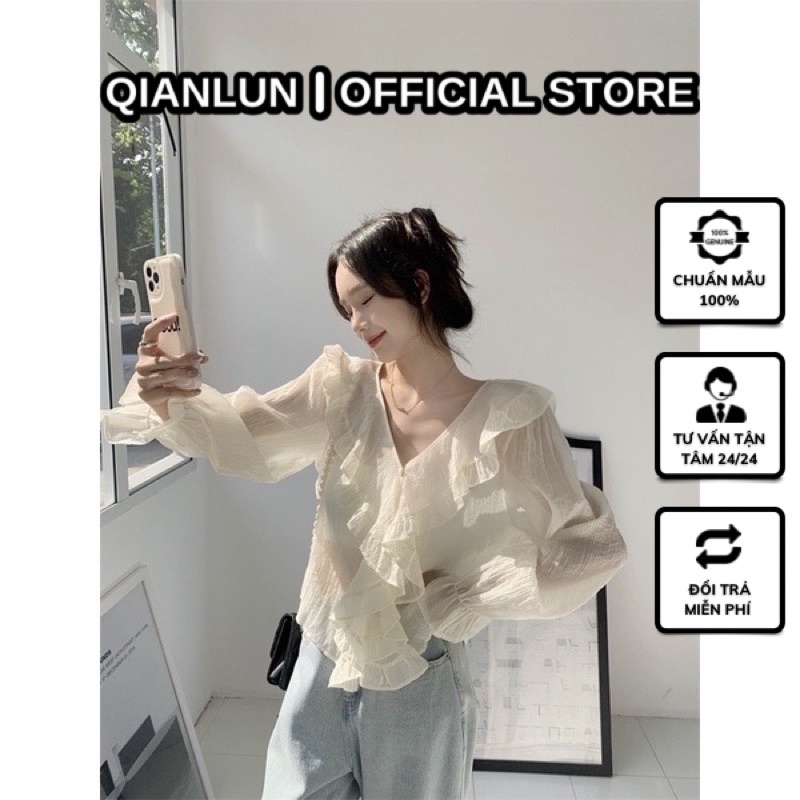 Áo Tiểu thư VINTAGE cổ V nhún bèo tay dài bo thun nữ thời trang 2022 trẻ trung bánh bèo