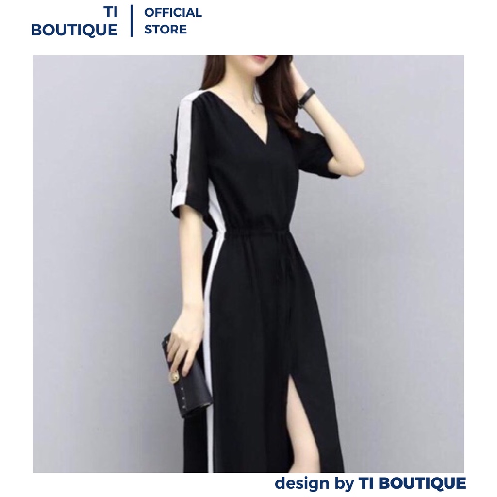 Đầm Váy Nữ Form Dài Xẻ Tà Phối Trắng Sang Chảnh, Váy Công Sở Cổ V Tay Lửng Thắt Nơ Eo Thanh Lịch Màu Đen