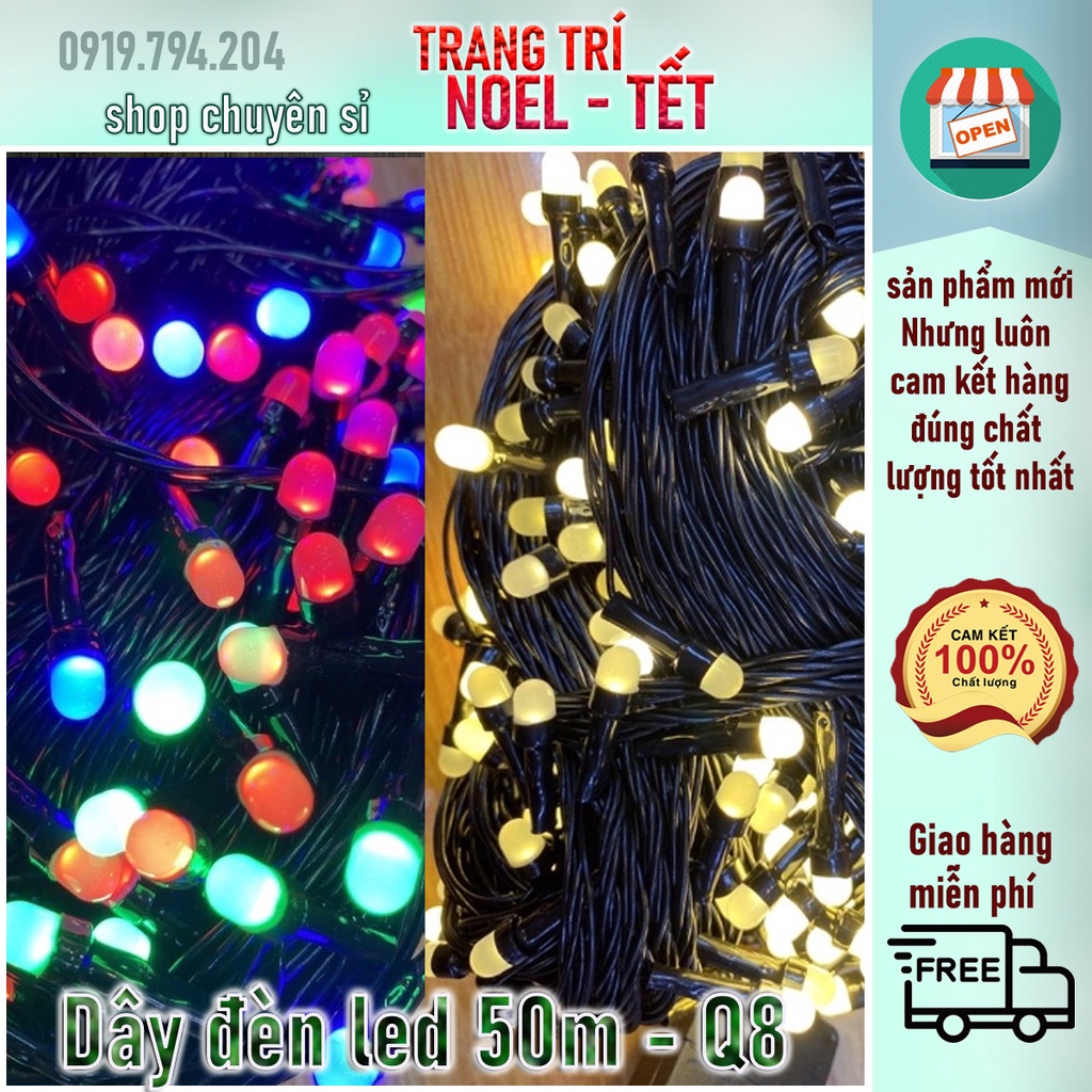 dây đèn led 50m, Q8, CHỚP ĐỦ MÀU và VÀNG. Dây đen, chuôi cắm lớn chắc chắn. Loại dây đèn led XỊN trang trí ngoài trời