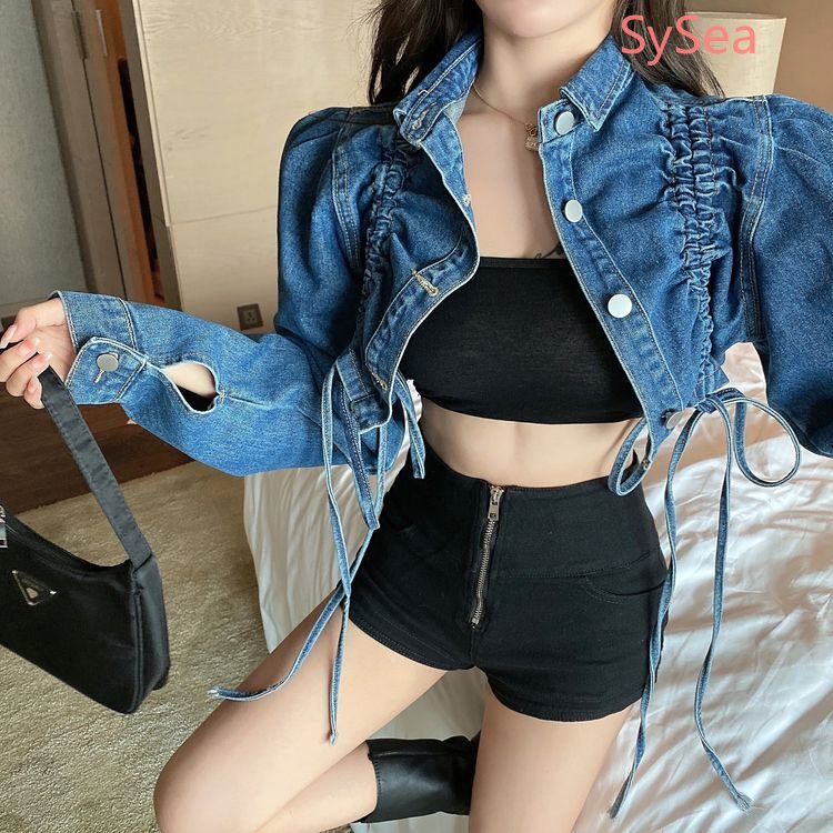 Áo Khoác Denim Phối Dây Rút Thời Trang Mùa Thu Dành Cho Nữ