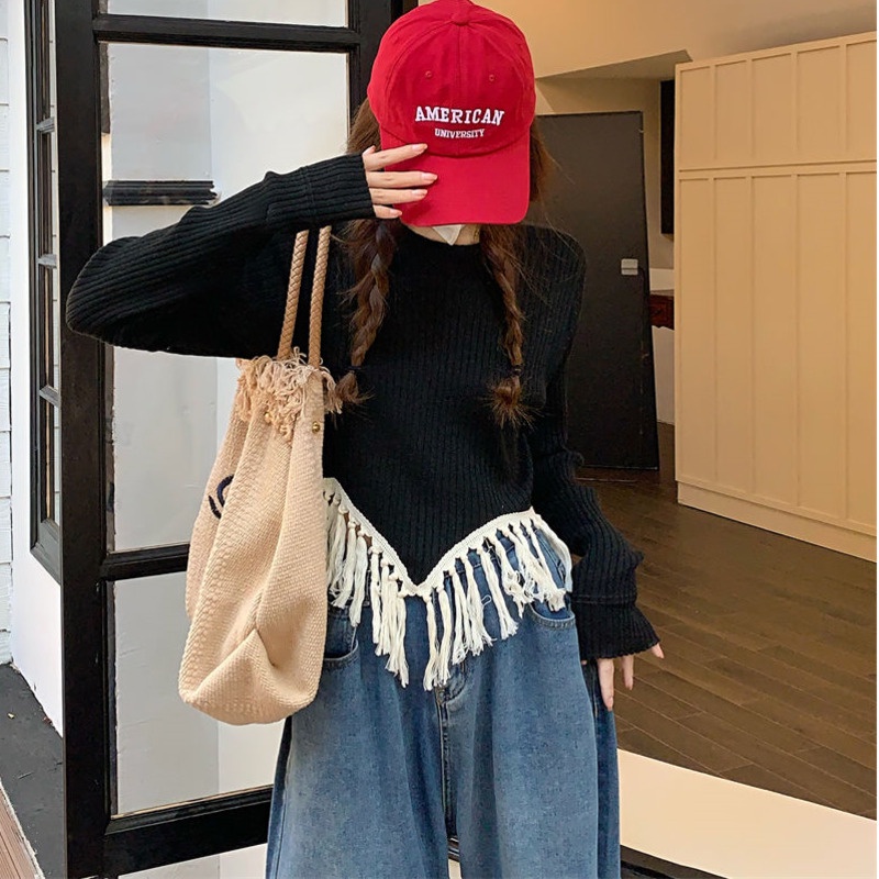 Áo Dệt Kim Dáng Rộng Phối Tua Rua Thời Trang Mùa Thu Hàn Quốc Hàng Mới Dành Cho Bạn Nữ