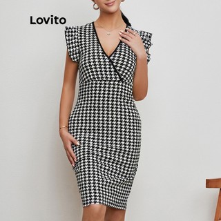 Lovito Đầm Tay Xếp Nếp Họa Tiết Houndstooth L20D128 Màu Đen Và Trắng