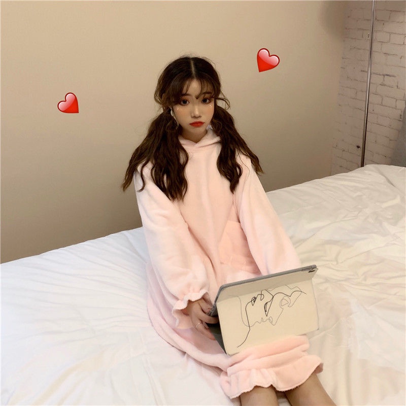 Hàng Có Sẵn Đầm Ngủ Dài Vừa Phải Bằng Vải Flannel Phong Cách Hàn Quốc Ngọt Ngào Dễ Thương Giữ Ấm Mùa Thu Đông