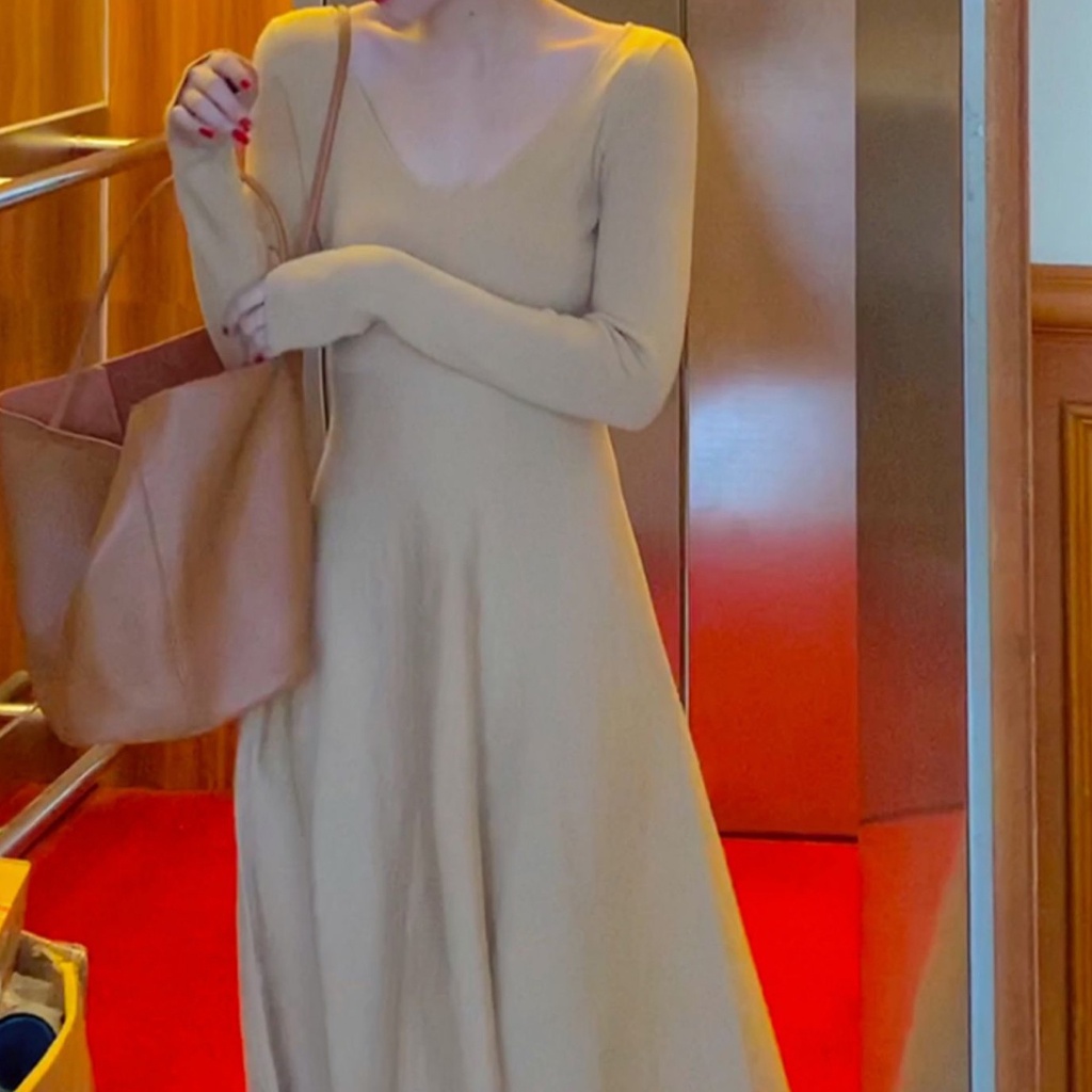 Đầm midi nữ SUXI dệt kim cổ V ôm dáng eo cao thời trang mùa thu