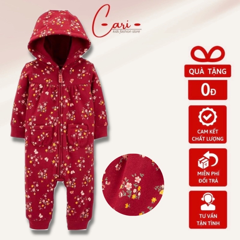Bộ đồ liền thân Carter'sơ sinh dài tay xuất xịn chất nỉ cotton dày dặn, thiết kế tinh tế thích hợp mùa đông.