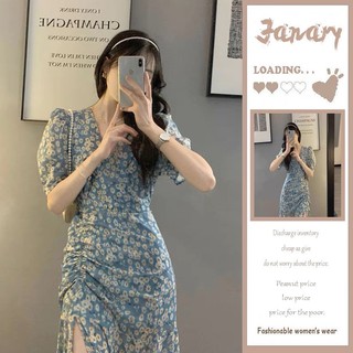 Đầm hoa nhí xẻ tà tay bồng dáng dài  phong cách retro pháp - Liyhouse