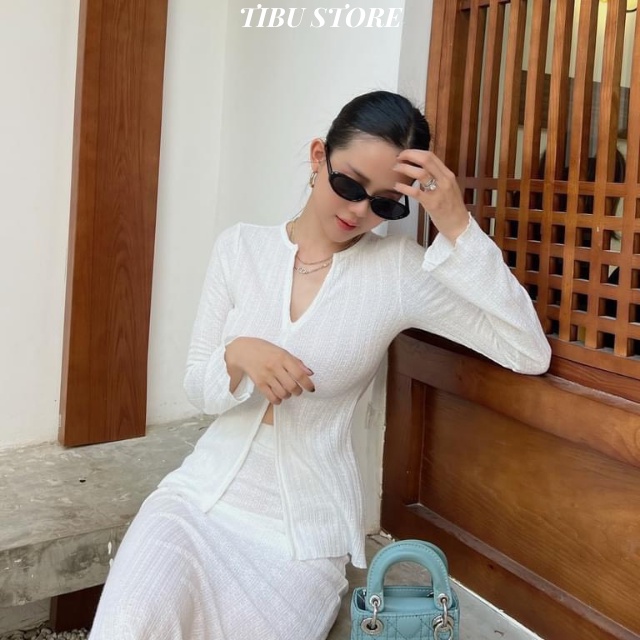 Set bộ nữ áo dài tay thun gân cổ chữ V TIBU Đầm body dáng ôm kèm áo siêu xinh sexy dành cho các nàng đi chơi, dạo phố