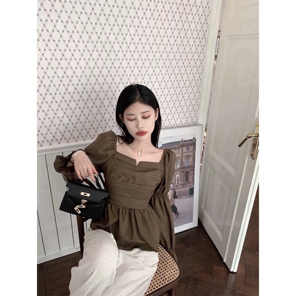 Áo cổ vuông cách điệu xếp li tay bồng chun đủ size S M L huyen hip