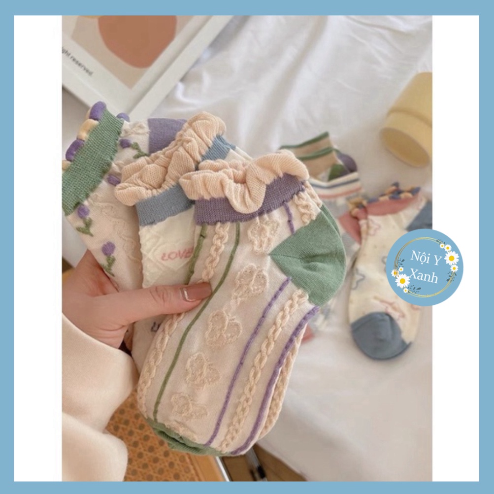 Tất vớ nữ thổ cẩm cổ bèo vật liệu vải Hàn giãn nở bốn chiều,họa tiết kute phong thái hiện đại nội y xanh, chất ấm, thoán