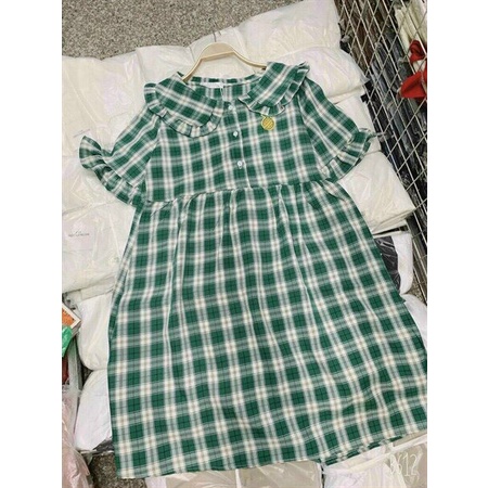 (FreeShip 2022) Đầm nữ from babydoll,đầm caro cổ bèo dễ thương,tone màu xanh hottren tôn da,diện đi đâu cũng xinh