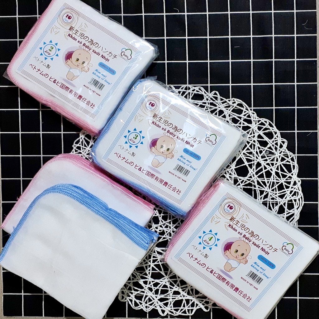 KHĂN SỮA XÔ BABY XUẤT NHẬT 4 LỚP MÀU TRẮNG 10 chiếc/ bịch có viền màu mềm mại, không sổ lông có viền màu xung quanh