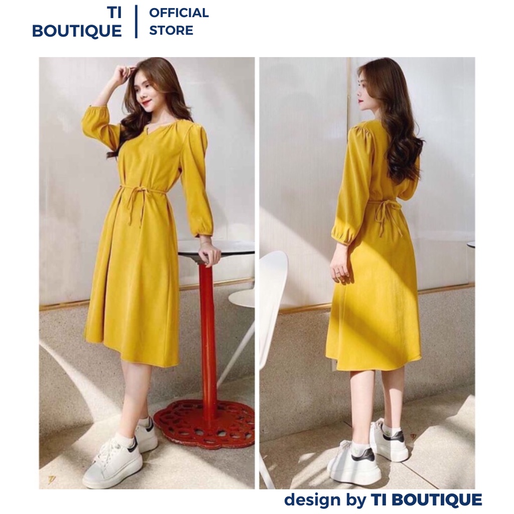 Váy Nữ Xinh Cổ V Tay Phồng Thiết Kế Cổ Điển Nhẹ Nhàng Nàng Thơ, Đầm Xinh Dáng Xòe Màu Vàng Trẻ Trung