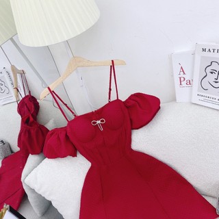 ĐẦM ĐỎ 2 DÂY XỐP ĐÍNH NƠ RỚT VAI