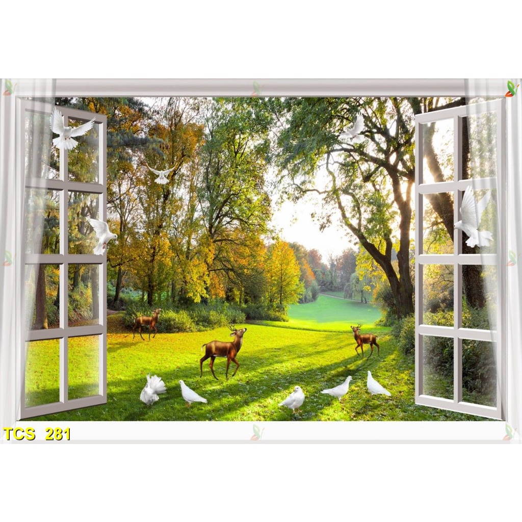 Tranh 3D cửa sổ, mẫu về hoa thiên nhiên, phong cảnh