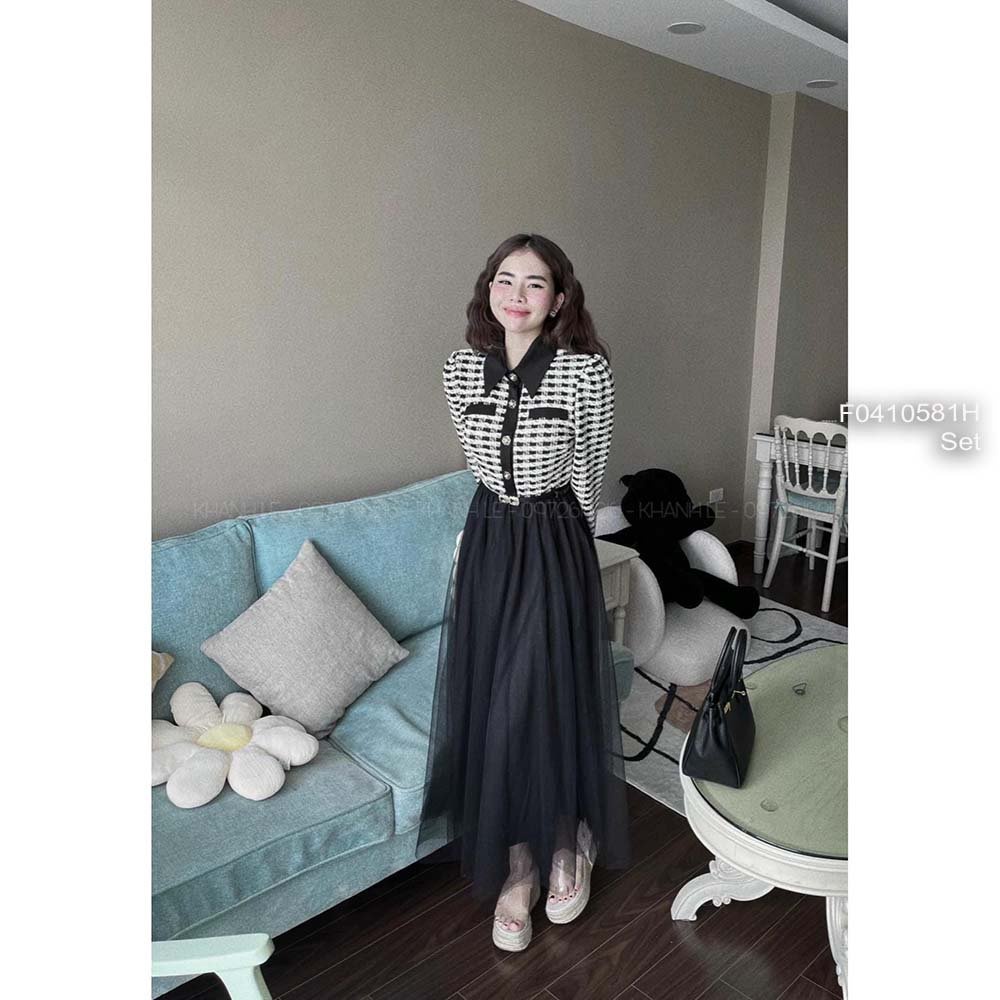 Set đầm xòe tay dài cổ bẻ vạt nhọn váy màu đen có lót phối dạ họa tiết caro kèm nịt!