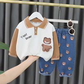Set áo polo dài tay bé trai con gấu kèm quần jean cho bé MINTSCLOSET Mint's Closet 1 2 3 4 tuổi - S1075 - TD4138