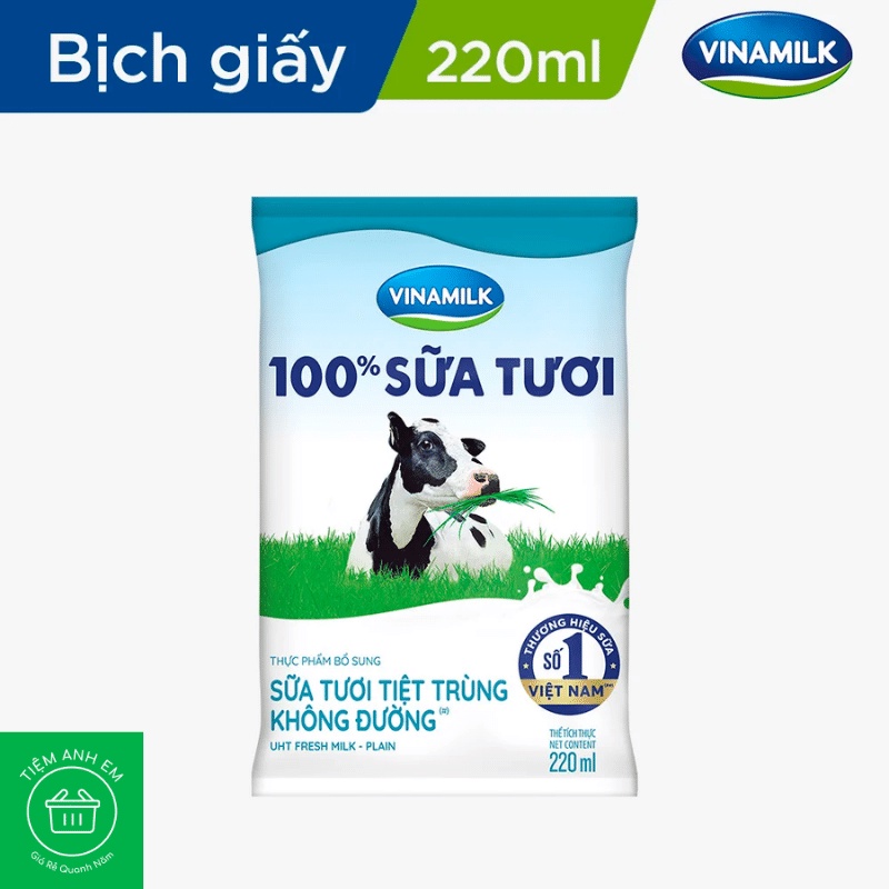 Sữa tươi tiệt trùng VINAMILK không đường bịch 220ml