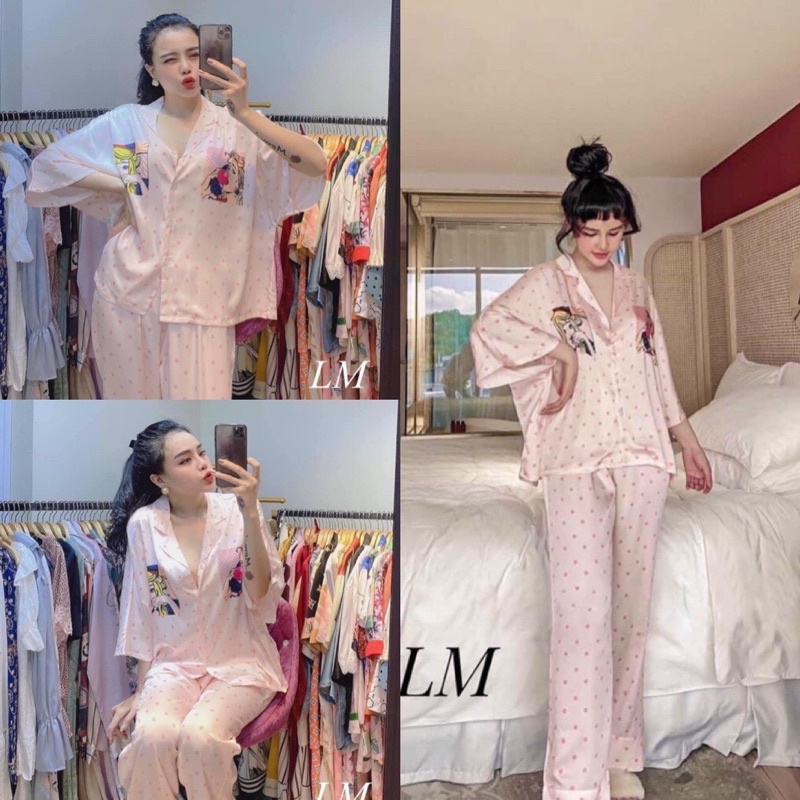 Bộ PAJAMA tay lỡ quần dài hình cô gái lụa satin cao cấp quảng châu