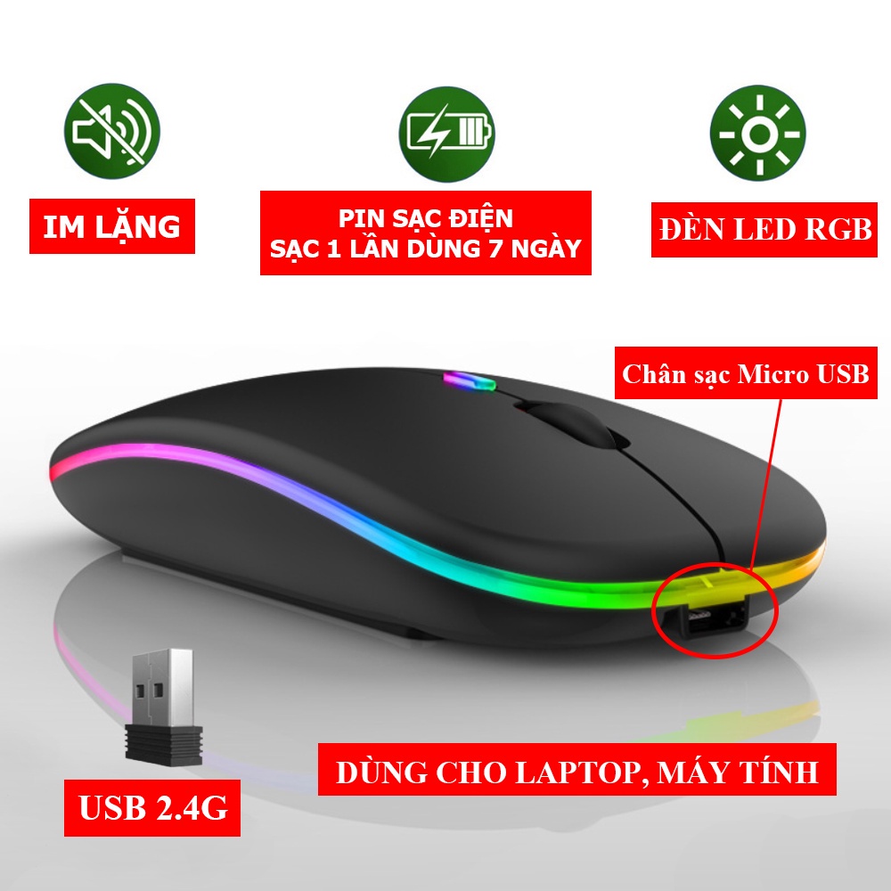 Chuột Bluetooth không dây click không tiếng ồn sạc bằng cáp usb