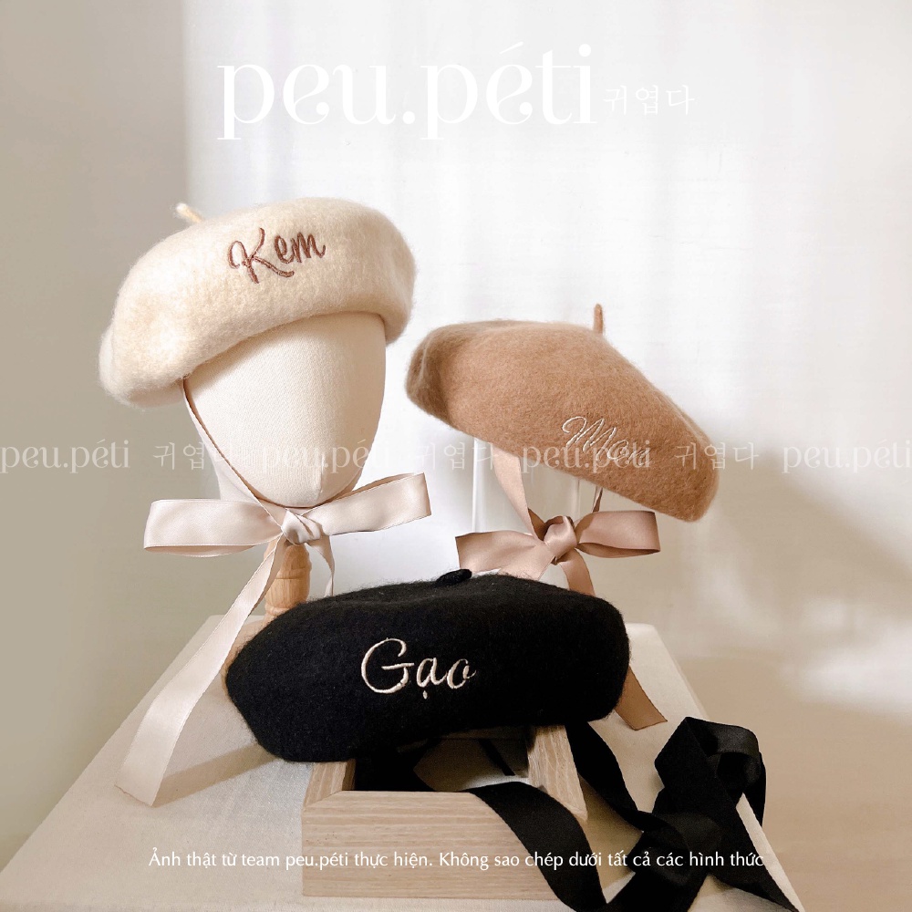 SẴN HÀNG THÊU TÊN Mũ nồi dạ ép lông xù thắt nơ style Hàn - by Peu.péti