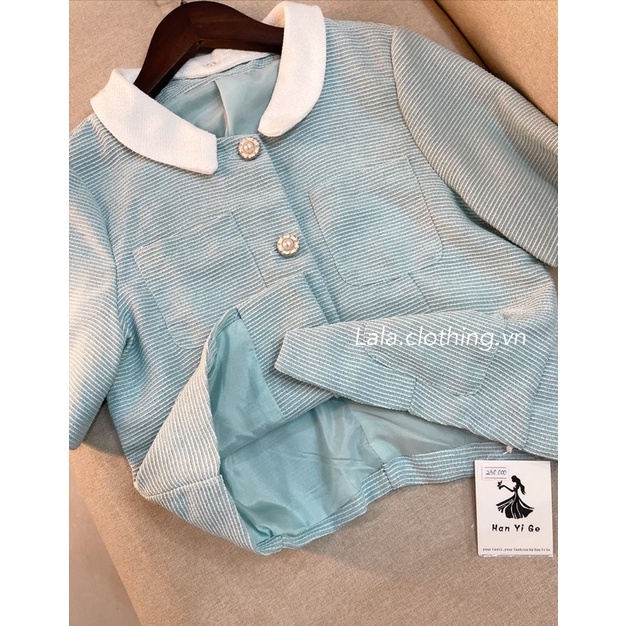 Áo dạ tweed mỏng xanh tay ngắn