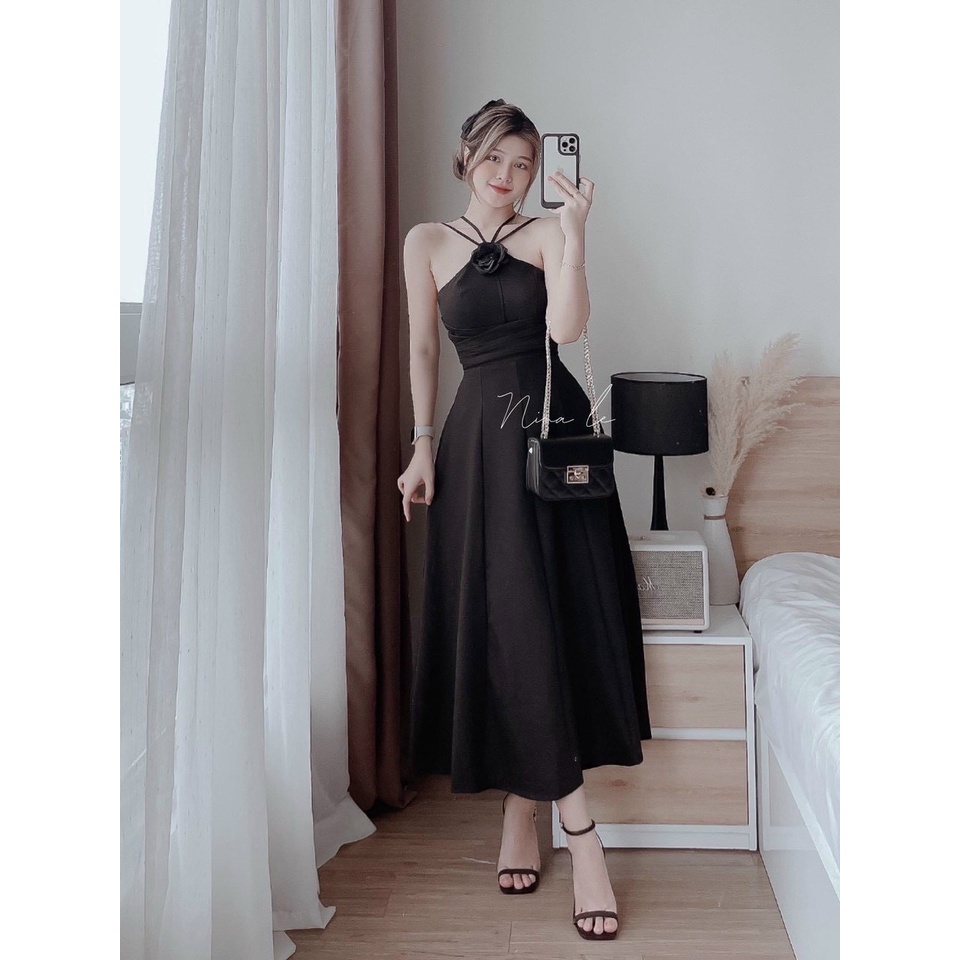 Váy đầm nữ dự tiệc dáng xòe cổ yếm đan dây kết bông xếp ly eo xinh xắn