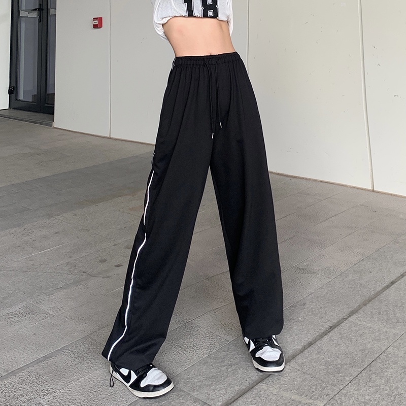 SUXI Quần ống rộng Dáng Suông Dây Rút Màu Đen Cá Tính Thời Trang Cho Nữ