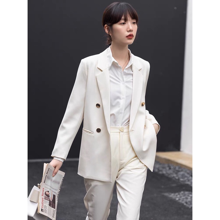 Áo khoác vest blazer nữ 2 lớp cúc đồng, hàn quốc, dáng dài, cao cấp