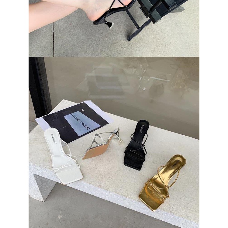 Dép Cao Gót Mũi Vuông Đế Bằng Thiết Kế Dây Đan Chéo Phong Cách Hàn Quốc Thời Trang Mùa Hè 2021 Mới Cho Nữ