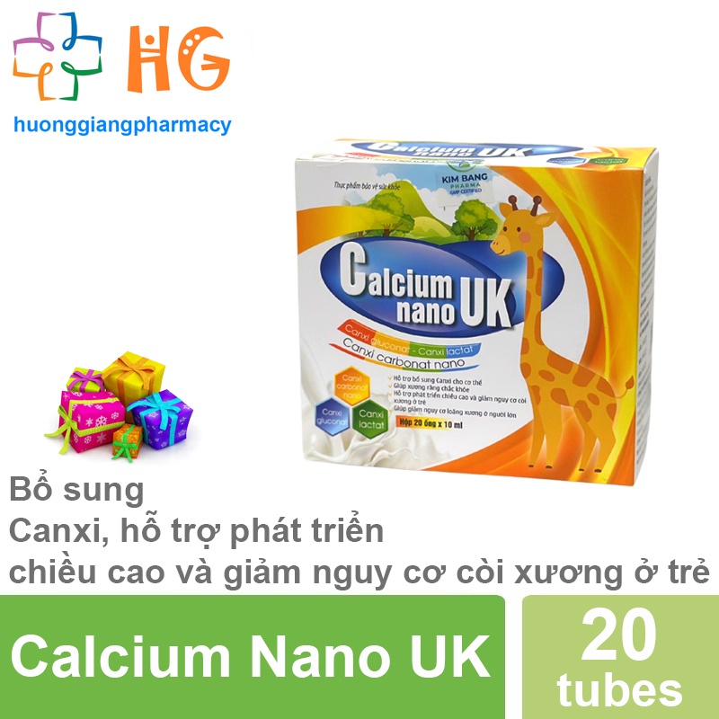 Calcium nano UK hỗ trợ canxi cho bé tăng chiều cao giảm nguy cơ còi xương ở trẻ loãng xương ở người lớn Hộp 20 ống