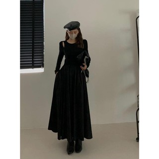 V40022 váy thun dài tay midi xòe vai cut-out ulzzang audrey