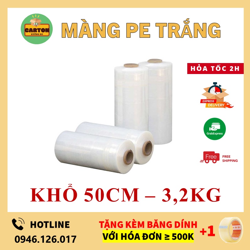 Màng PE Trắng khổ 50Cm 3.2Kg, Màng Co PE Trắng, Màng Nilong Trắng Màng Chít quấn hàng bọc hàng