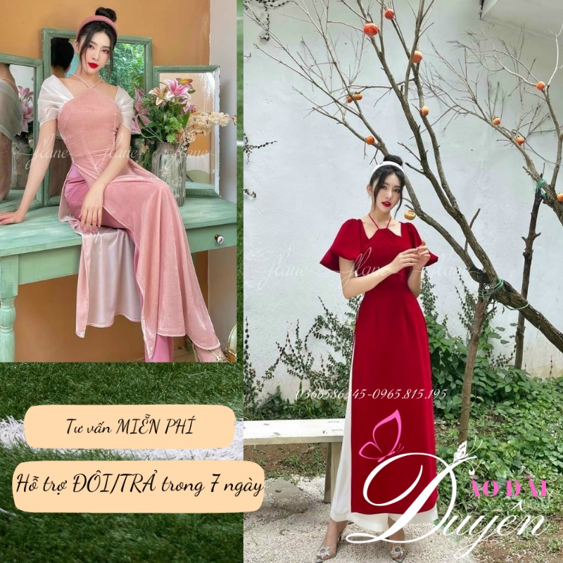 Áo dài cách tân cổ yếm 2 màu đỏ và hồng siêu đẹp