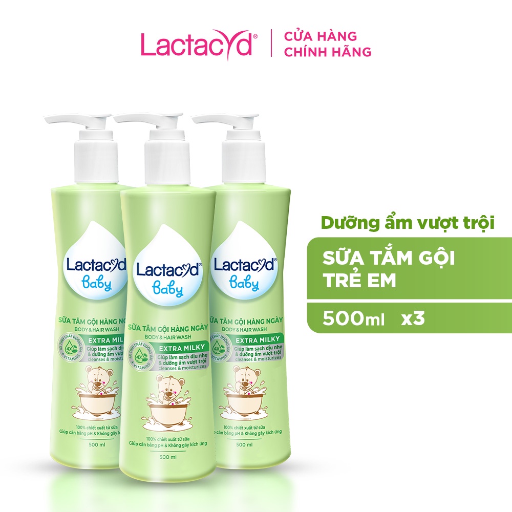 Bộ 3 chai Sữa Tắm Gội Trẻ Em Lactacyd Milky Bảo Vệ, Nuôi Dưỡng Da và Tóc Bé 500ml/chai