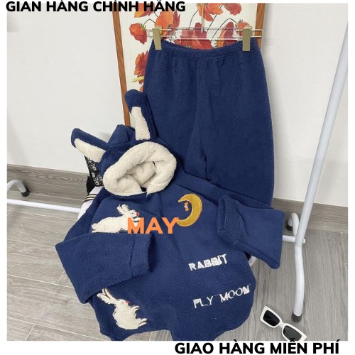 Bộ đồ ngủ bông, pijama, quần áo mặc ở nhà dài tay mùa đông có mũ chất lông mềm mịn hình cute dày dặn siêu ấm