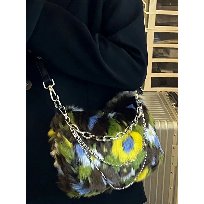 MISCHA Túi Xách Lông Nhung Mềm Mại Phối Dây Xích Thời Trang Thu Đông Dành Cho Nữ