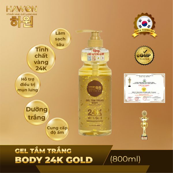 Gel Tắm Trắng Sáng Mịn Da Chiết Xuất Tinh Chất Vàn.g 24K Hương Hoa HAWON - 800ml