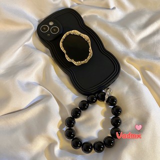 Ốp Lưng Ins Style Cho Samsung Galaxy S23 S22 S21 S20 Plus Ultra S23 + S22 + S21 + S20 + S21 FE S20 FE Vỏ Sóng Mềm Màu Đen Đá Quý Đứng Với Vòng Tay Ngọc Trai