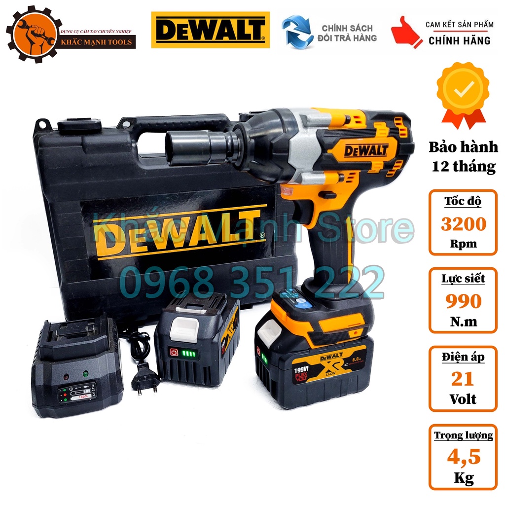 Máy siết bulong Dewalt lực siết khủng 990N.m - Động cơ không chổi than - Sài pin dung lượng cao có đèn led báo pin