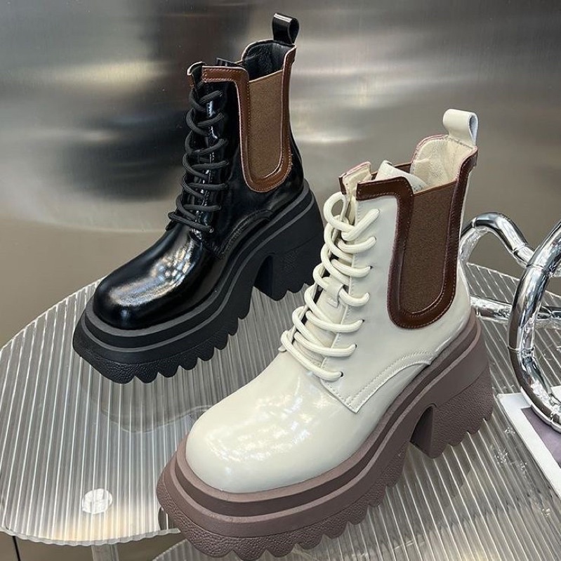 Giày boot nữ martin da bóng đế đinh phối chun cá tính Bốt nữ martin phối chun cá tính