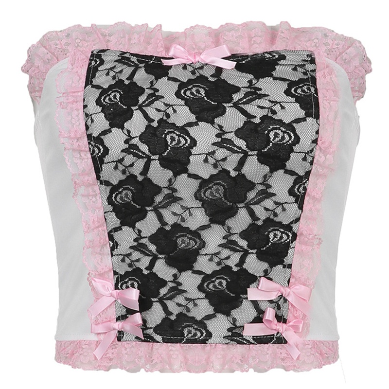 Brroa Áo Ống Không Dây Dáng Ôm In Hoa Phối Ren Nhún Bèo Phong Cách Harajuku Punk Ngọt Ngào Cho Nữ