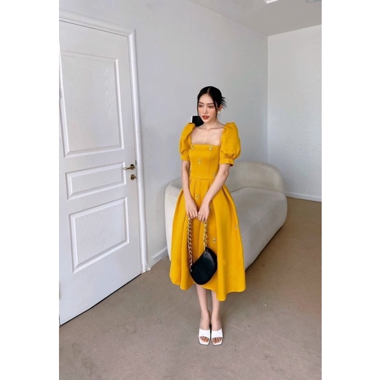 Đầm xoè dự tiệc bigsize TRIPBLE T DRESS đến 80kg cổ vuông tay ngắn phồng kết đá hạt - size M/L/XL/XXL -MS08L