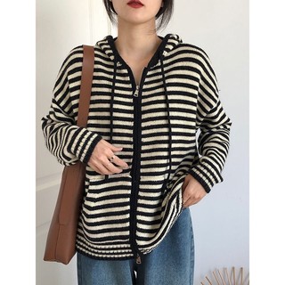 Áo khoác hoodie có mũ khoá zip kẻ sọc retro - a098