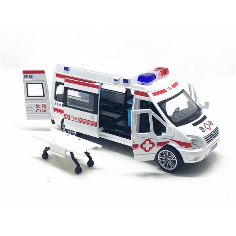 Mô hình xe cứu thương kim loại âm thanh đèn mở 5 cửa có cán cứu thương