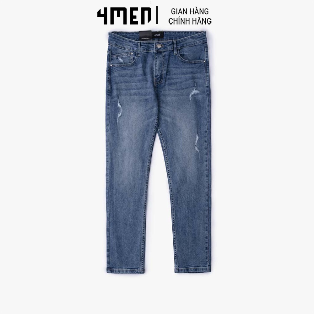 Quần Jeans Nam Regular Rách Light Blue 4MEN QJ061 thời trang, form dáng đẹp, ôm vừa phải, vải co giãn, mềm mạ, dày dặn