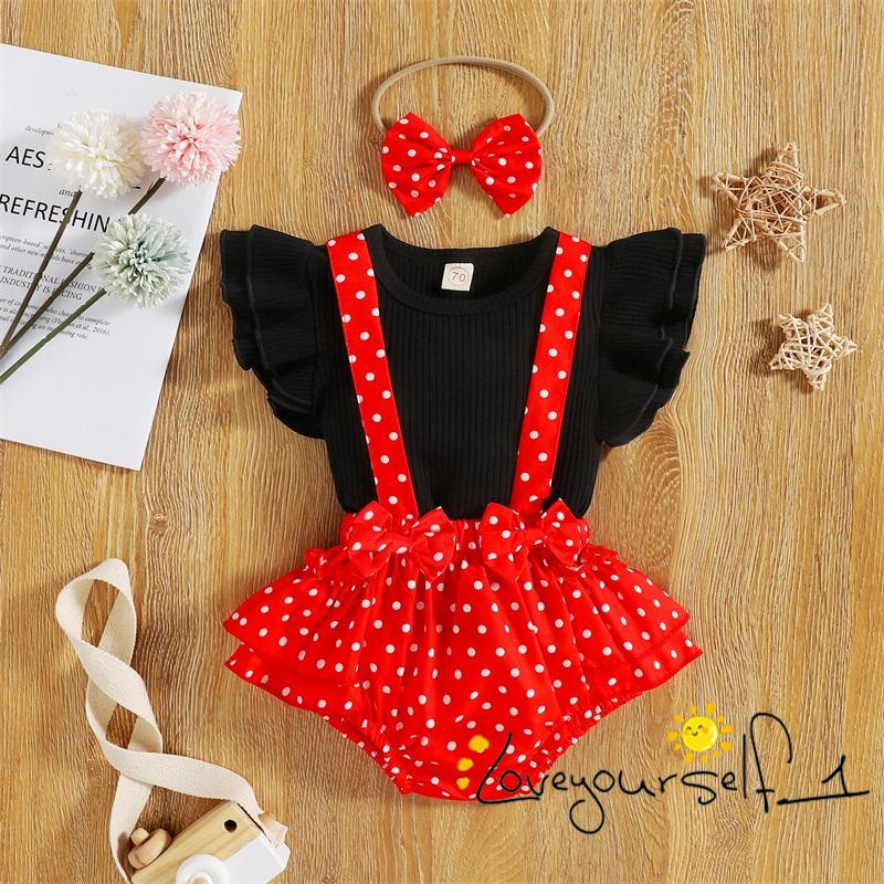 Bộ Áo Liền Quần Tay Xòe Chấm Bi Màu Sắc Trơn Kèm Băng Đô Cài Tóc Xinh Xắn Cho Bé Gái B930G