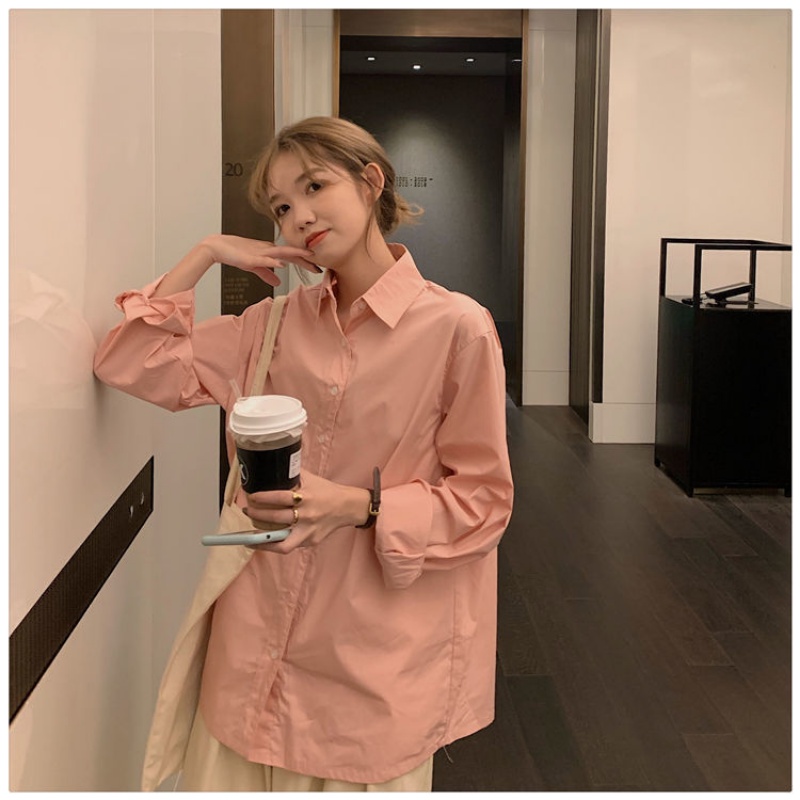 Áo Sơ Mi Tay Dài Dáng Rộng Màu Sắc Đơn Giản Thời Trang Mùa Thu Cho Nữ