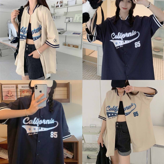 Áo bomber sơ mi A058 form thụng tay lỡ chất cotton thô hoạ tiết california 85 cổ tay bo dệt phong cách Hàn Quốc